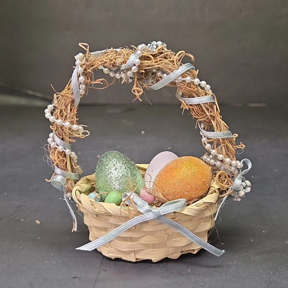 Vtg Easter Bunny Baby Pixies Ceramic Hand Painted Set Of 2~Kitschy~Cute ♡ Basket